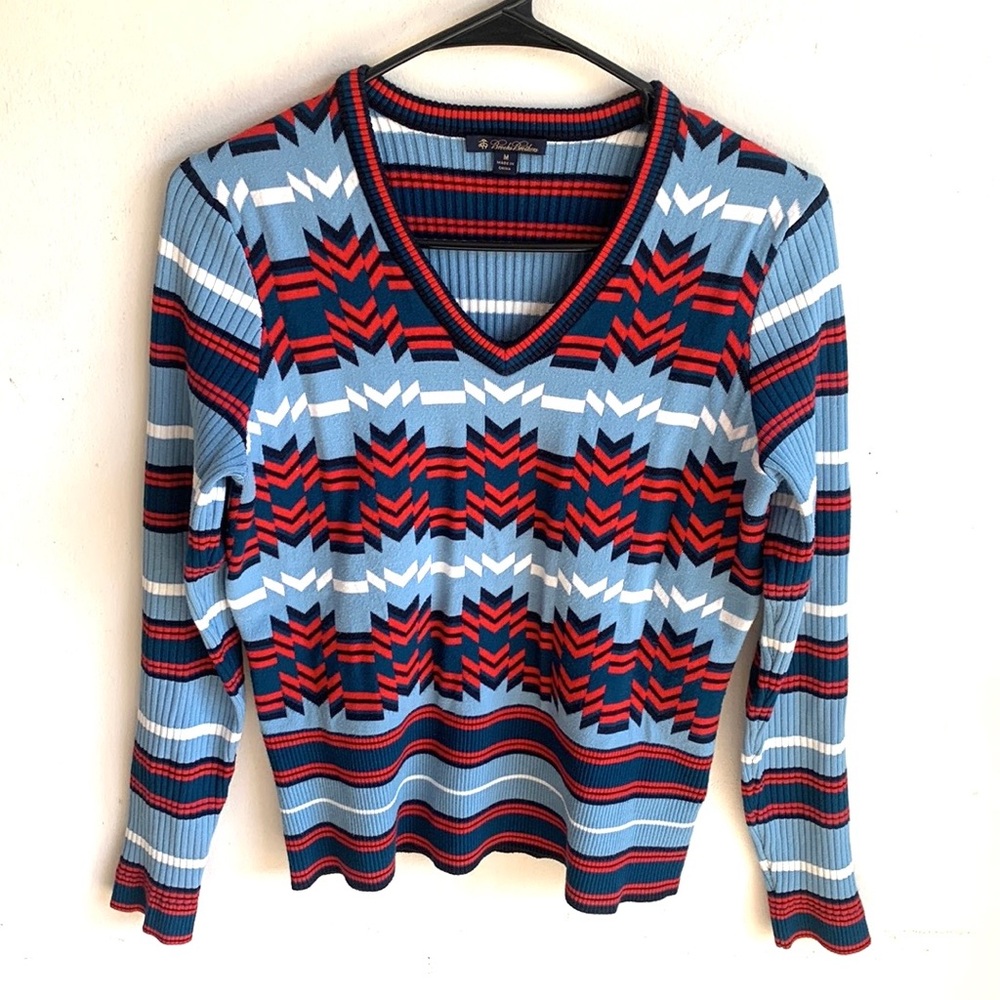 Brooks Brothers Striped V-Neck Pale Blue Sweater Sz Medium
